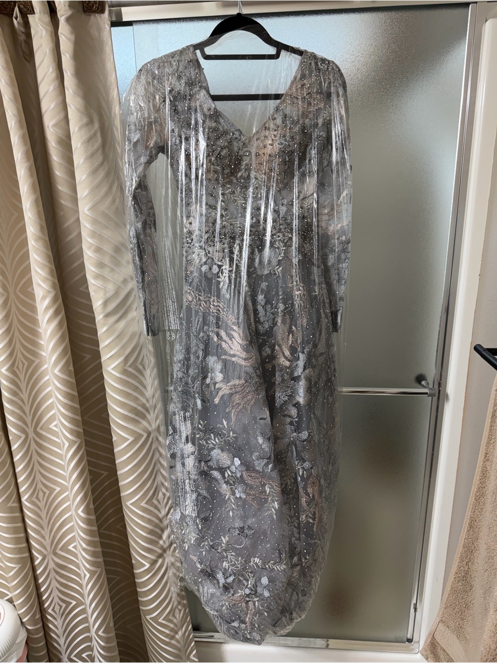 Mac Duggal Long Sleeve Gown Embellished Silver/ Gray Multi Floral